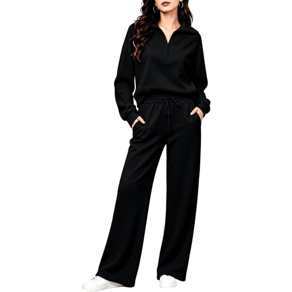 Women's 2 Piece Lounge Set Quarter Zip Pullover and Wide Leg Pants, Casual Fall Matching Outfit with Drawstring Waist and Pockets Tracksuit, 2XL