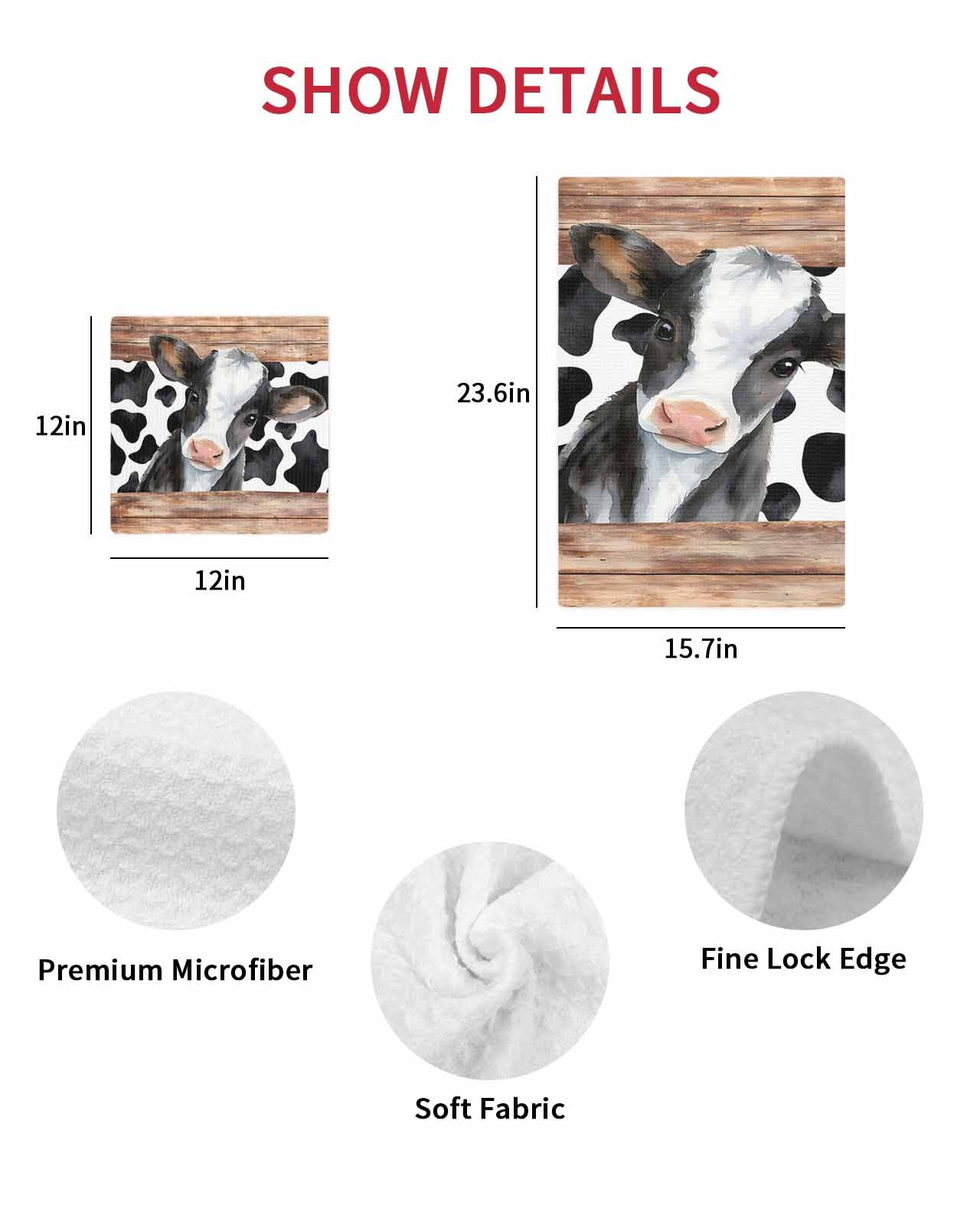 Cow Printed Kitchen Dish Towels for Drying Dishes Set of 4, Farmhouse Watercolor Country Wooden Grain Waffle Weave Microfiber Hand Tea Bathroom Towels Quick Dry & Absorbent Towel 12x12