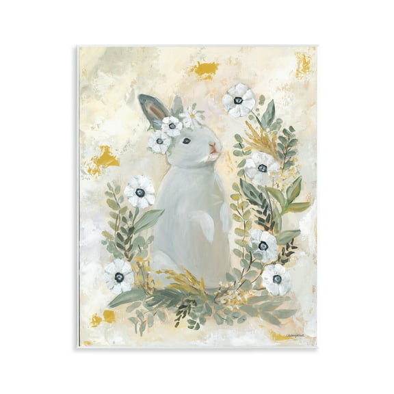 Bunny with White Blooms Wall Plaque Art, 11 x 14, Made In USA
