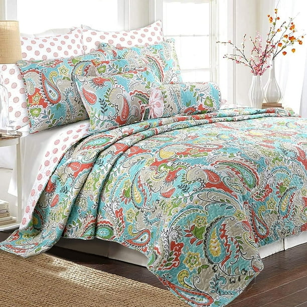 Juego de cama reversible con colcha y diseño floral de hojas de coral azul turquesa, cubrecama ligero para todas las estaciones (turquesa, tamaño king, 3 piezas)