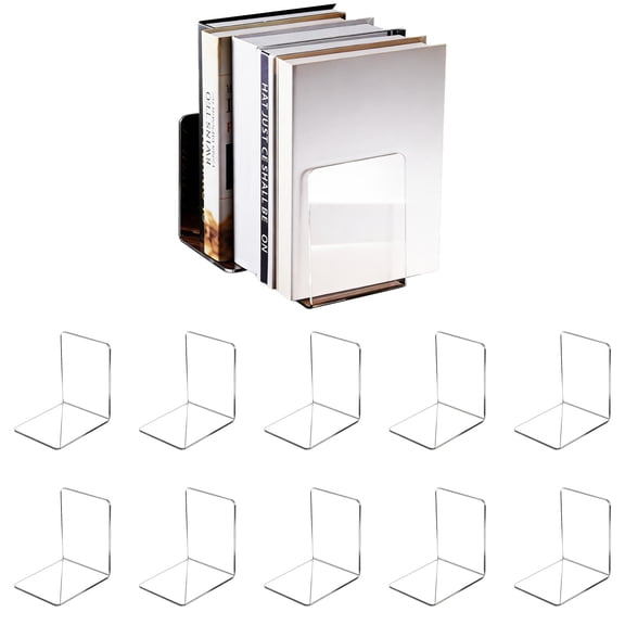 10 Pcs Acrylic Book Ends, Clear L Shape Bookends, 3.9 x 3.9 x 5.1 in Transparent Book Holders, Non-slip Desktop Recipe Stops for Shelves, Office, Home Decor