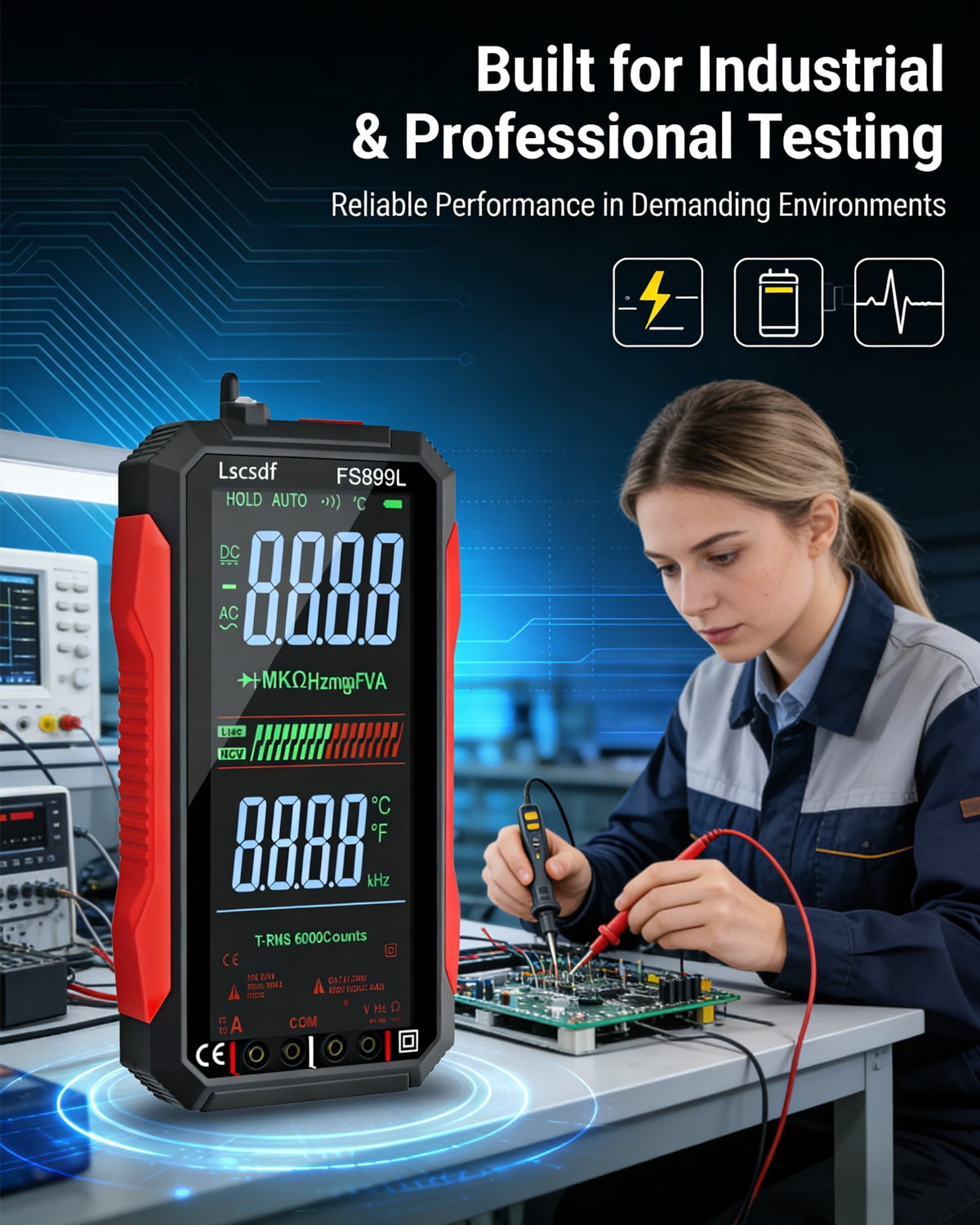 USB Rechargeable Digital Multimeter, 6000 Counts True Rms Tester with Color Screen, Fs899l Auto-Ranging for Home/Industrial/Car Electrical Testing, Measures Voltage Current Resistance