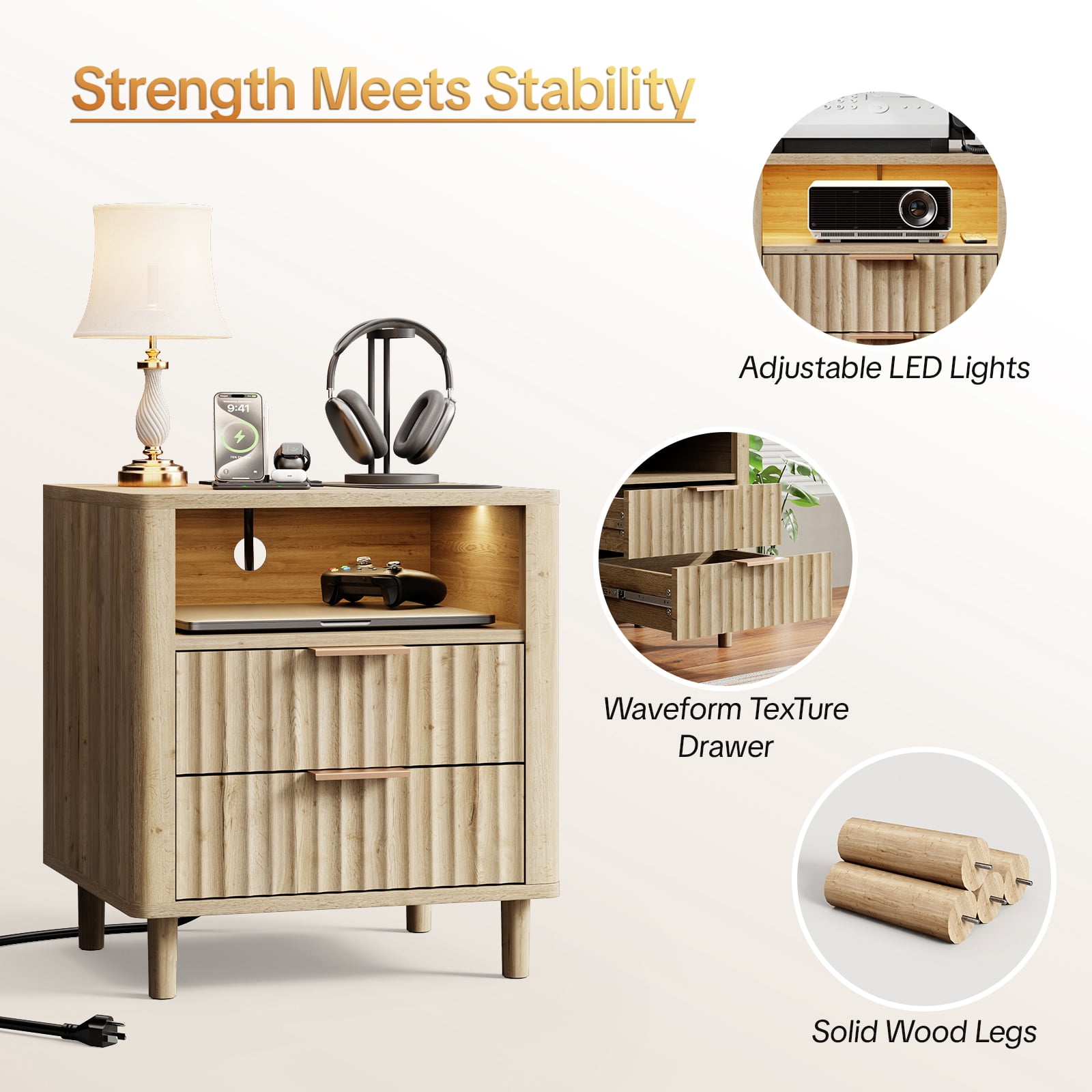 18" Wide Fluted Nightstand Set of 2 with Charging Station Modern Wood Bedside Table with 2 Drawers and Open Shelf, Mid Century End Table for Bedroom Living Room Office, Oak