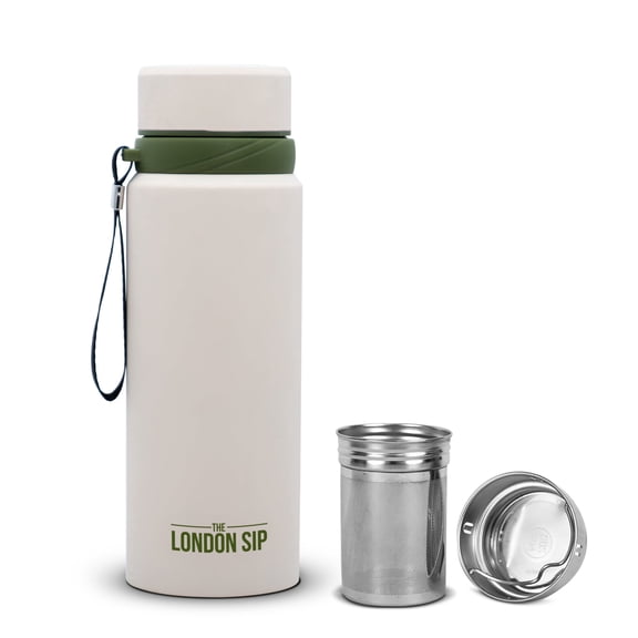 The London Sip 25 oz Multi-Purpose Tea Infuser Mug – Fruit Infuser Water Bottle for Hot and Cold – Double Wall Stainless Steel Insulated, Safari Beige