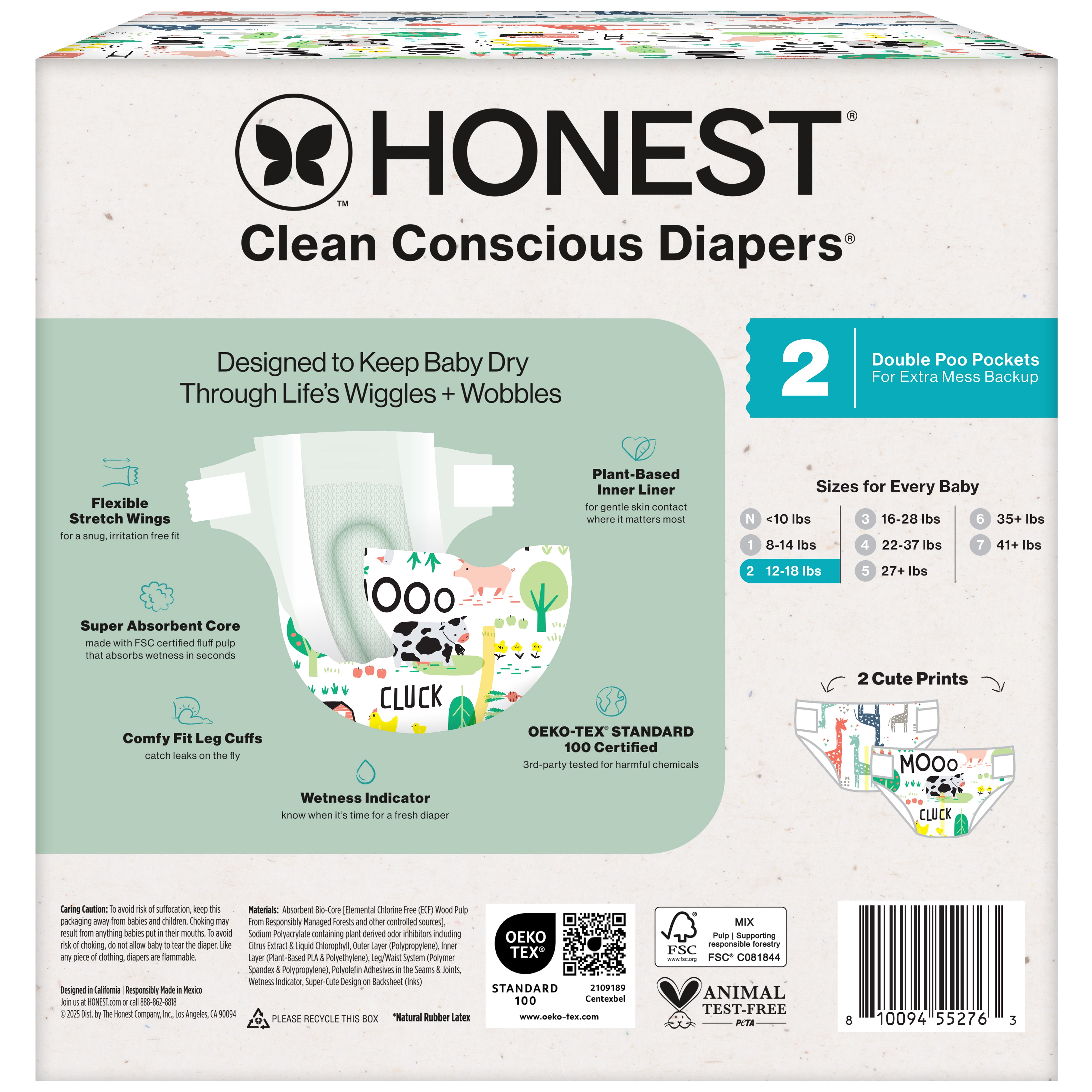 The Honest Company Clean Conscious Diapers for Sensitive Skin, Up to 100% Leakproof , Hypoallergenic, Fragrance Free, Gender Neutral, Club Box, Size 2 (12-18 lbs), 72 Count (Prints May Vary)