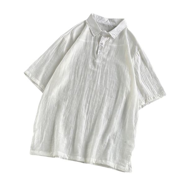 Camiseta de Manga Corta Casual de Color Sólido Girado Cuello Medio Botón para los Hombres, Material de Lino Transpirable para el Uso Diario Al Aire Libre