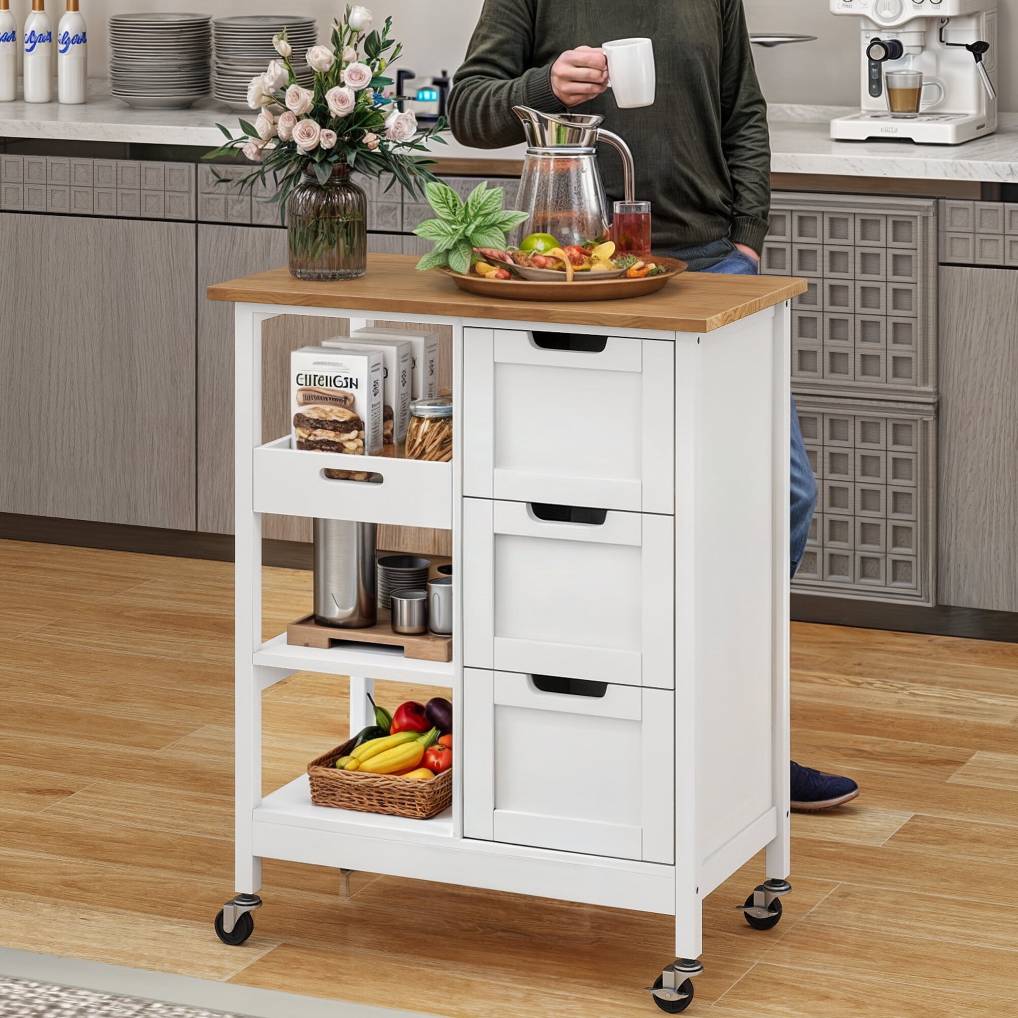 Dextrus Kitchen Island Cart with Drawer, 3 Tier Kitchen Storage Cart with Storage Shelves, White