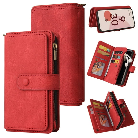 Wallet Case for Google Pixel 7 Pro, Magnetic Zipper Pouch Premium PU Leather with Kickstand Wallet Flip Shockproof Phone Case Wrist Strap Card Slots Holder Pocket Google Pixel 7 Pro,
Red