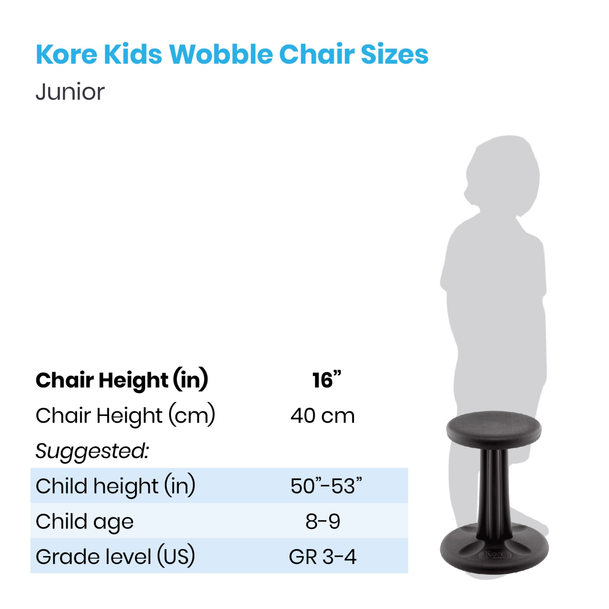 Kore Wobble Chair - Flexible Seating Stool for Classroom, Elementary School, ADD/ADHD - Junior- Age 8-9, Grade 3-4, Orange (16in)
