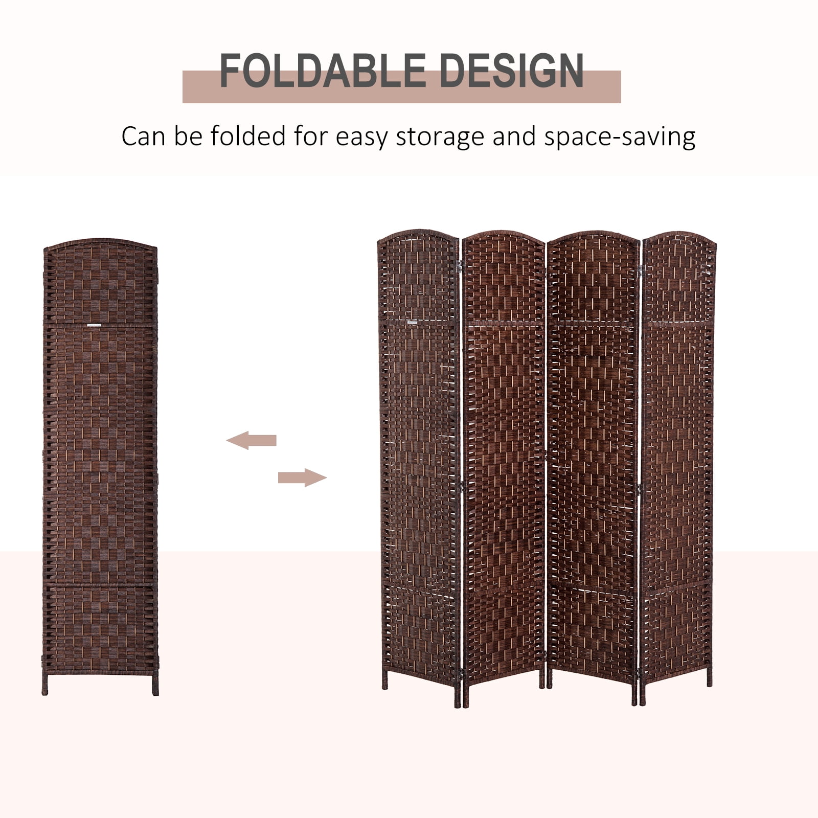 Royard Oaktree 4 Panel Folding Room Divider, 6' Tall Portable Privacy Screens, Wicker Weave Divider with Wood Frame, Freestanding Partition Wall Dividers for Home Office Bedroom, Brown