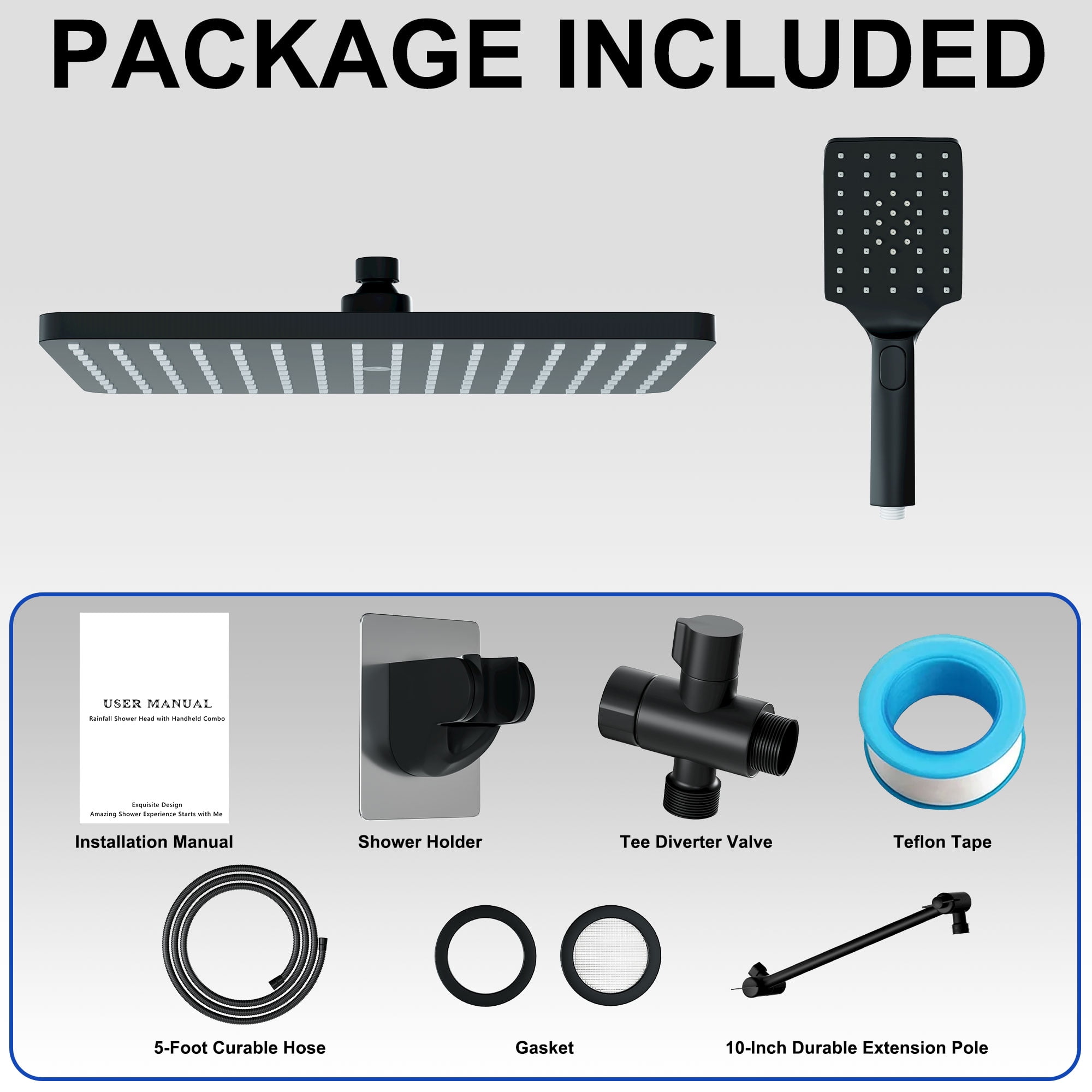DTIG Shower Head Set High Pressure Rainfall Rain Shower Head 3-Setting Handheld with Hose Black