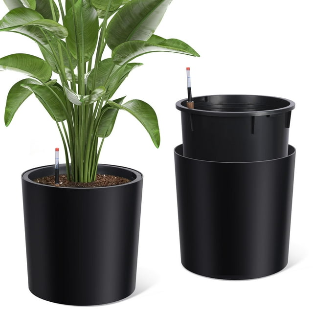 Ensemble de 2 Jardinières Rondes pour Plantes d'Intérieur avec Drainage Intégré et Indicateur de Niveau d'Eau et Roues Pots à Fleurs d'Extérieur Pot de Plante pour Porche, Patio