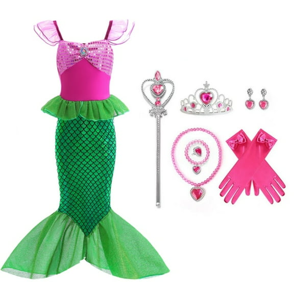 10PCS Little Girls Princess Mermaid Costume for Girls Dress Up with Accessory for Christmas Birthday Party 2-12 Years Green