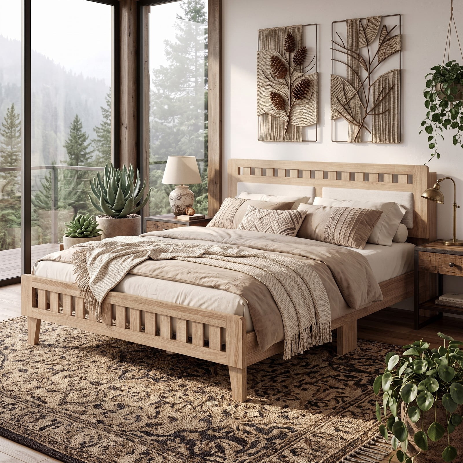 Furnibear Queen Bed Frame Wood Platform Bed with Upholstered Fabric Headboard and 12 Plywood Slat Support, Rustic Oak
