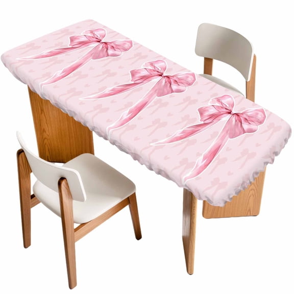 Pink Bow Table Cloths for 8 Foot Rectangle Tables, Cute Watercolor Girls Cartoon Luxury Patio Waterproof Elastic Fitted Tablecloths, Washable Rectangular Table Cover for Camping
