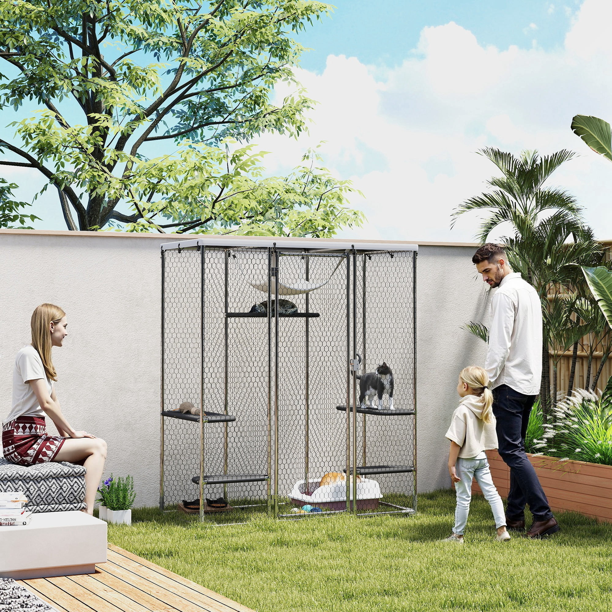 PawHut Large Catio Outdoor Cat Enclosure, Galvanized Steel Walk-in Cat Cage with Waterproof Cover, 5 Adjustable Platforms, Hammock