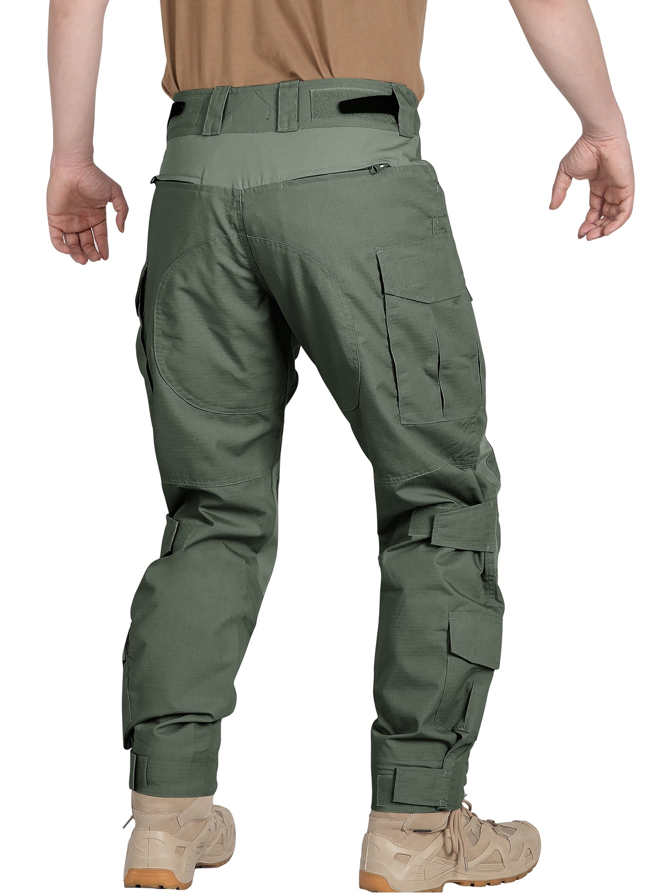 TRGPSG Men's Work Pants with Knee Pads, 10 Pockets ,Camo Outdoor Hunting Pants Waterproof Hiking Work Trousers(No Belt),Armygreen Size 32