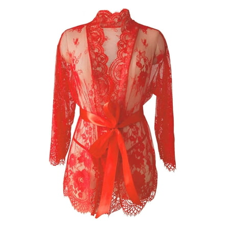 YFNNUP Women s Lace Kimono Robe Sexy Mesh Nightgown 2pc 3/4 Sleeve Lingerie Comfy Belt Nightwear S-3XL
