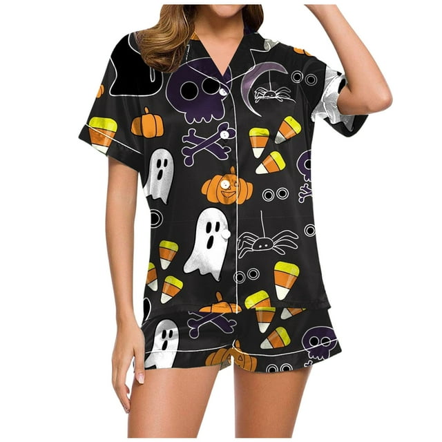 Fgnfyis Ensemble de Pyjama Décontracté Imprimé et Short pour Femmes Pyjama d'Halloween Femmes Noir_001 S