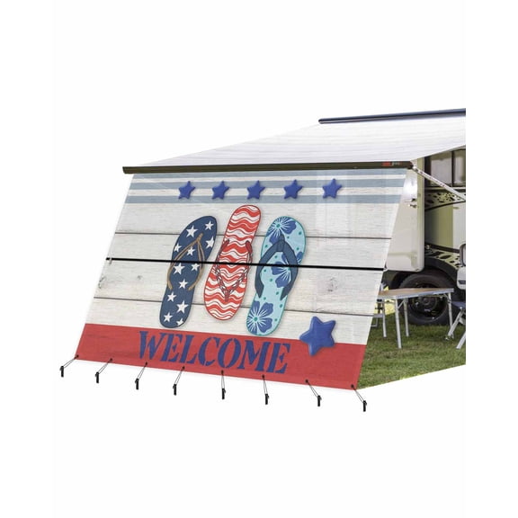 4th of July RV Awning Sun Shade Screen 9'X15.3' USA Flag Flip Flops Mesh Sunscreen Blue Stars Wood Grain Welcome Awning Shade Screen with Zipper UV Blocker Completed Kits for RV Motorhome Camper