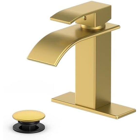 Bathroom Faucet Brushed Gold Modern Waterfall Bathroom Sink Faucet with Single Handle Suitable for 1 or 3 Holes,Supply Deck Plate and Hose…