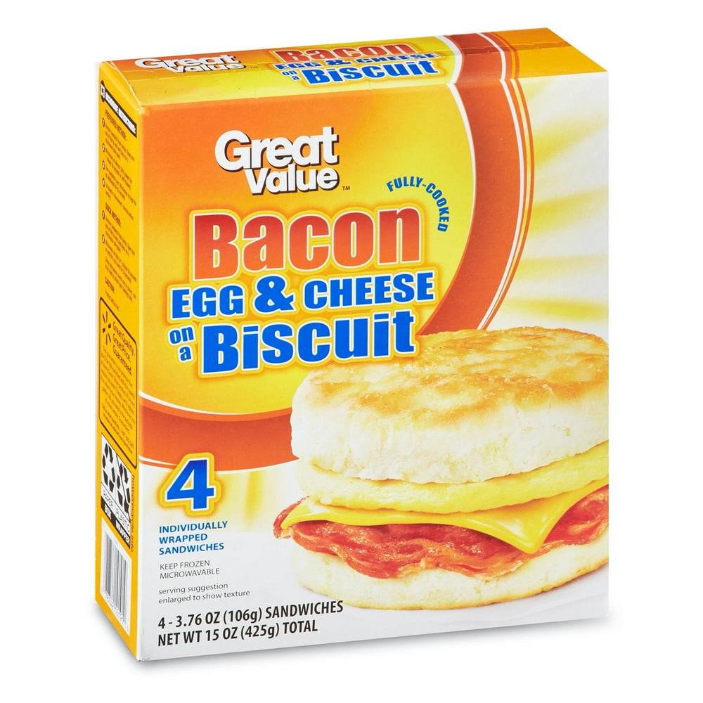 Great Value Fully Cooked Bacon Egg & Cheese on a Biscuit, 3.76 oz, 4 count