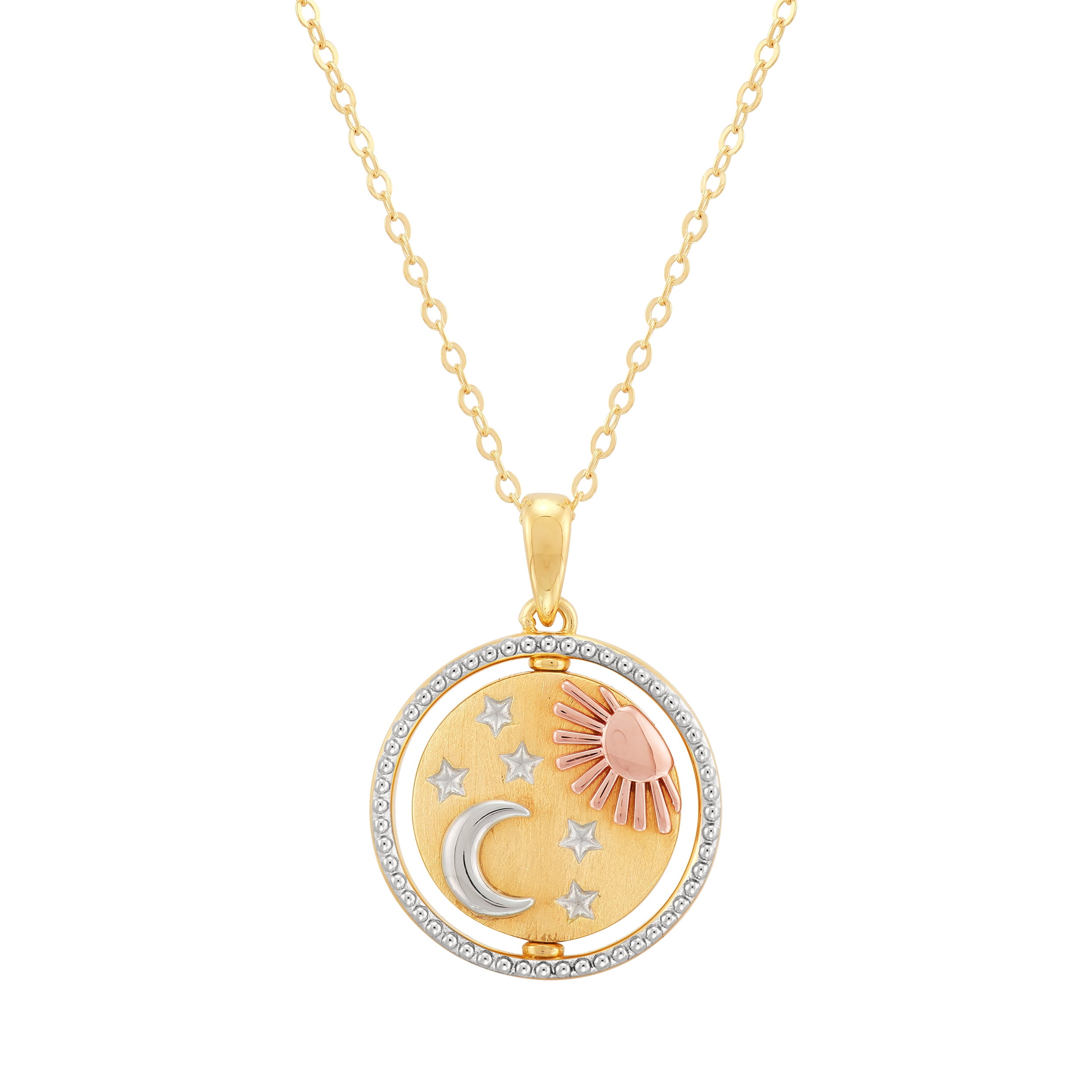 Brilliance Fine Jewelry Sterling Silver 14KT Gold Plated Spinning Sun Moon Circle Pendant Necklace, 20"