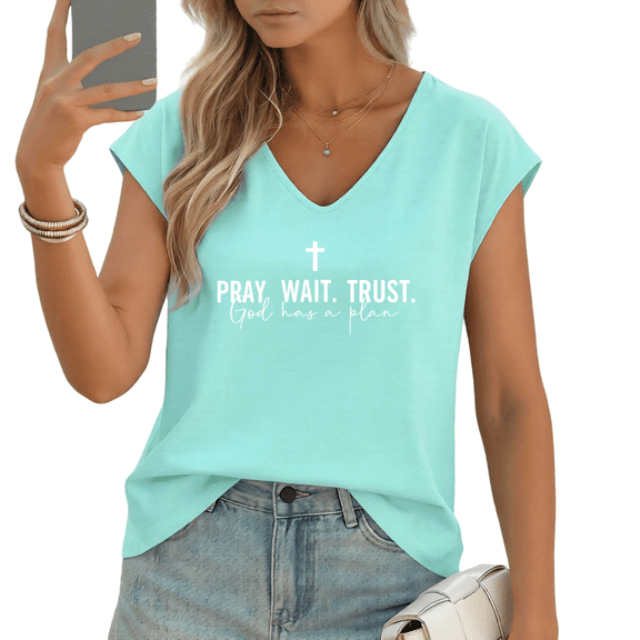 UNISHE Women's "Pray Wait Trust God has a plan" Cross V-Neck Sleeveless T-Shirt Casual Summer Tank Top