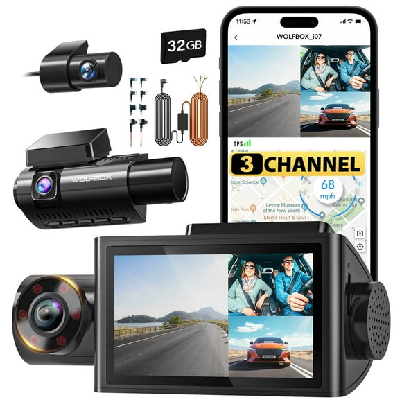 Dash Cam WOLFBOX i07 de 3 canales, 2,5 K + 1080P + 1080P con kit de cableado