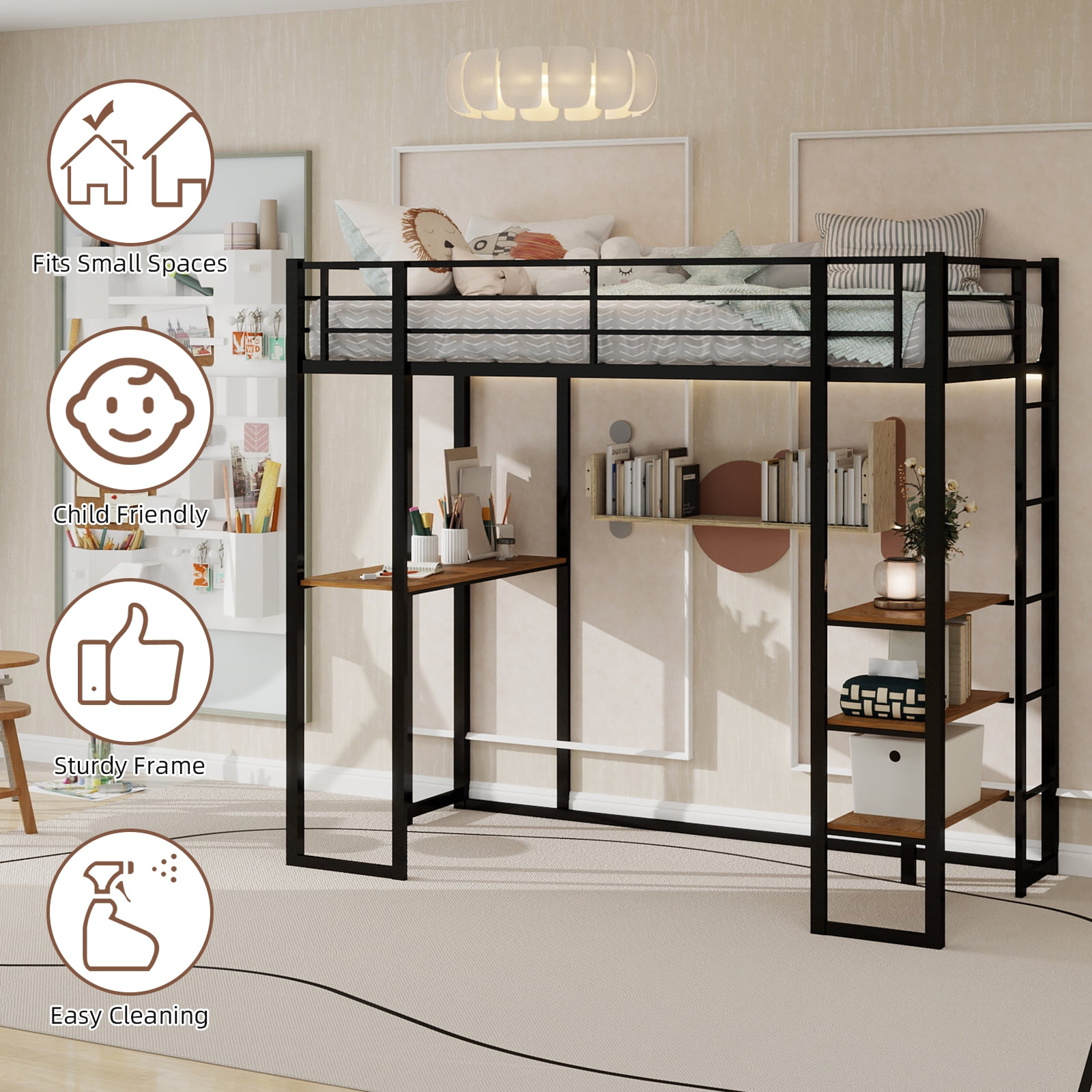 Alvantor Loft Bed Twin Size with Desk, Metal Bed Frame with Open Shelves for Kids/Teens, No Box Spring Needed Black