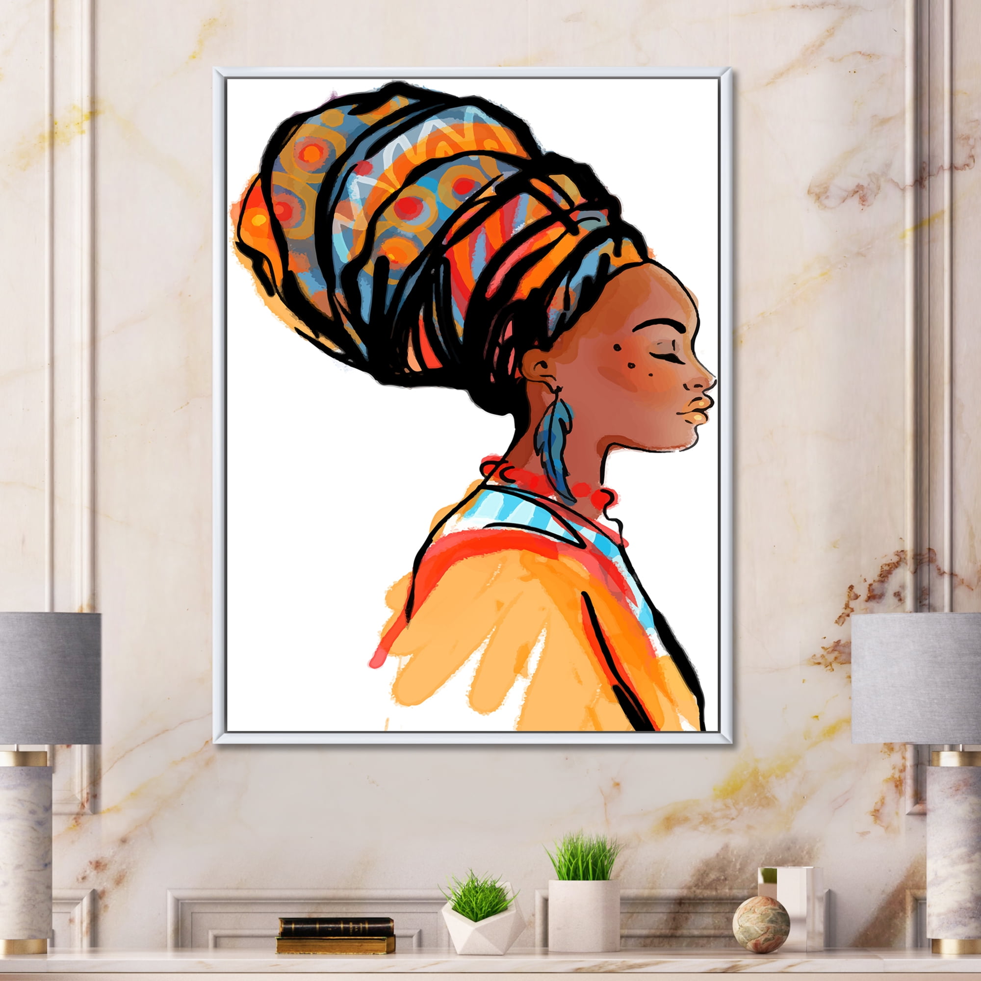 Designart 'Afro American Woman with Turban I' Modern Framed Canvas Wall Art Print
