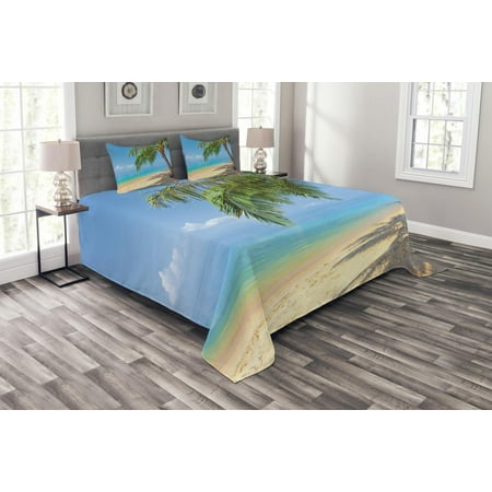 Ocean Bedspreads Landscape Bedspread Set, Tropic Botanic Image with Coconut Palms near Ocean Sea Beach Photo, Decorative Quilted Coverlet Set with Pillow Shams Included, Sky Blue Aqua Cream Green, by Ambesonne ()