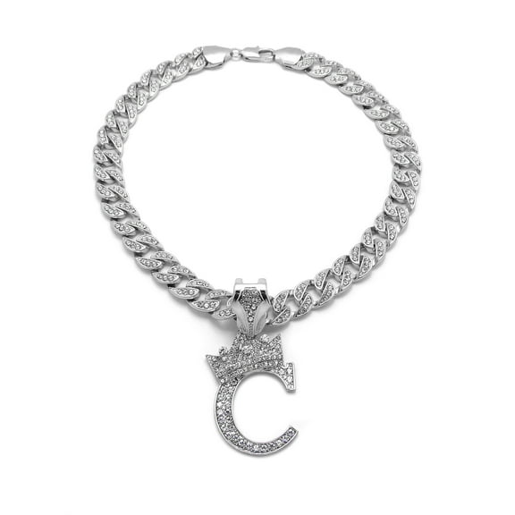 iJewelry2 Kings and Queens Crowned Initial Letter C Crystals Pendant Silver-tone Cuban Linked Chain Necklace