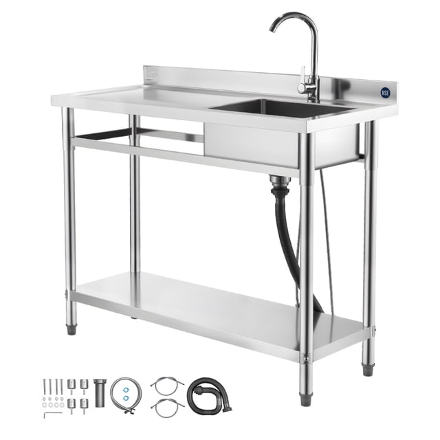 KFFKFF Stainless Steel Utility Sink, Free Standing Single Bowl Commercial Kitchen Sink with Faucet, Utility Left Basin Workbench with Hot & Cold Water Pipe