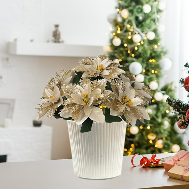 Ramo De Flores Navideas Con Purpurina Dorada, Jarrn De Cristal, 30 Cm De Alto, Cristal Transparente, Ideal Para Decoracin Navidea, Centro De Mesa Para Cenas, 1 Ramo, Dorado Brillante, UKHBMC