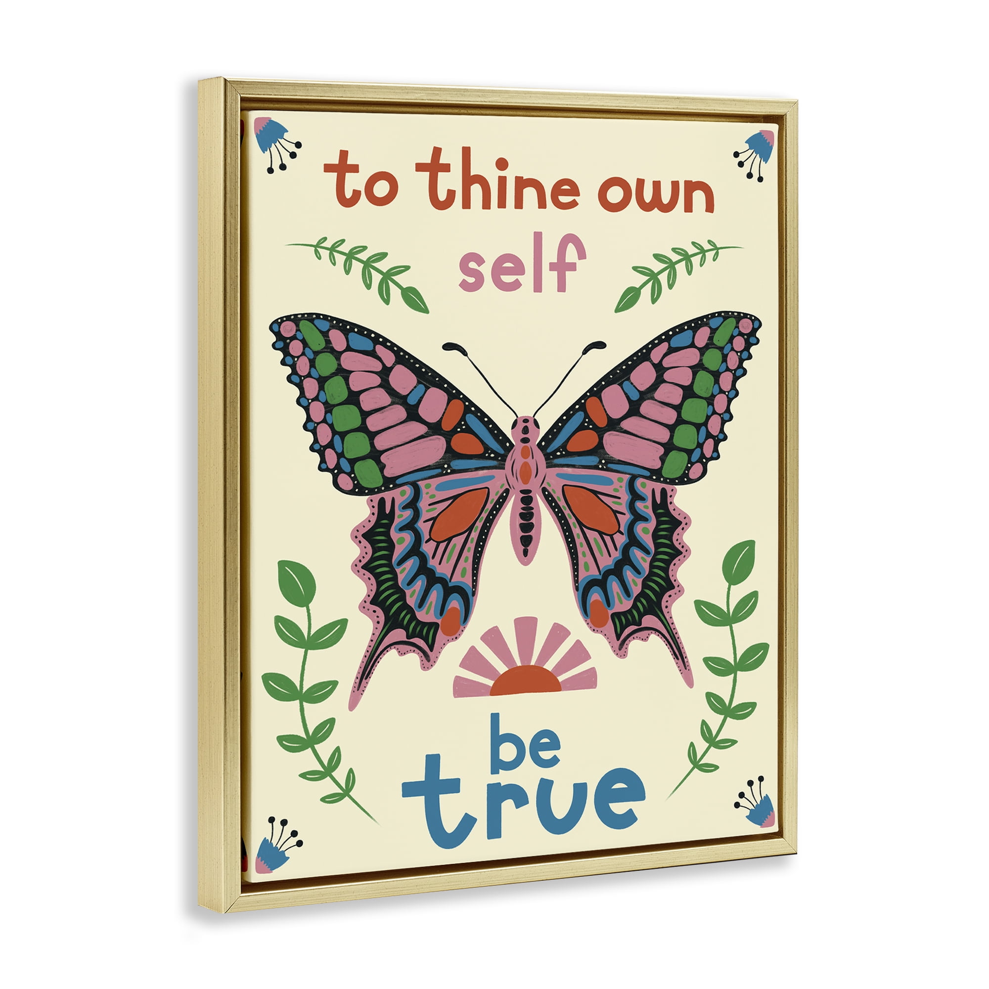 Stupell Industries To Thine Self Be True Phrase Insects Painting Gold Floater Framed Canvas Art Print Wall Art, 25 x 31