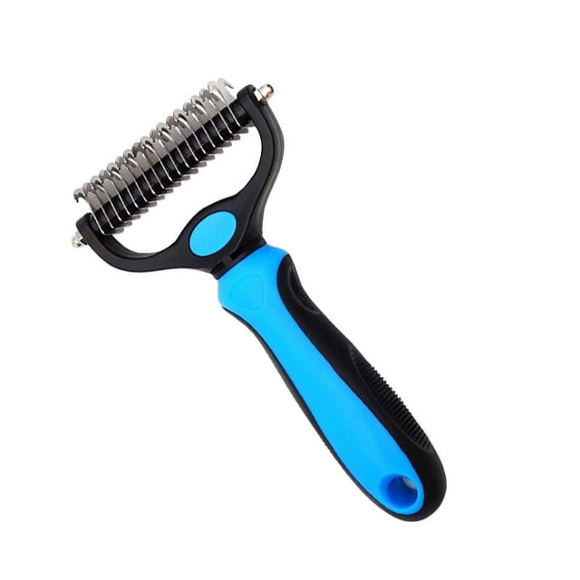 Cepillo de aseo para mascotas: peine rastrillo de doble cara para quitar y quitar la capa inferior para perros y gatos, extra ancho, azul, cepillo de aseo para perros, cepillo para quitar pe