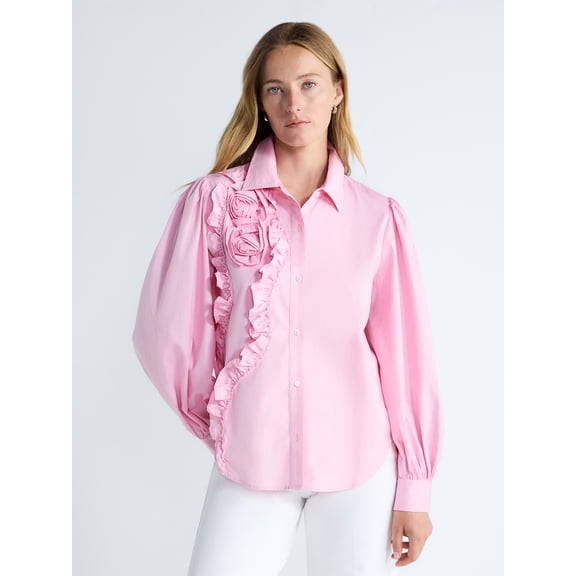 Free Assembly Women's and Women's Plus 3D Floral Cotton Shirt with Long Sleeves, Size XS-4X