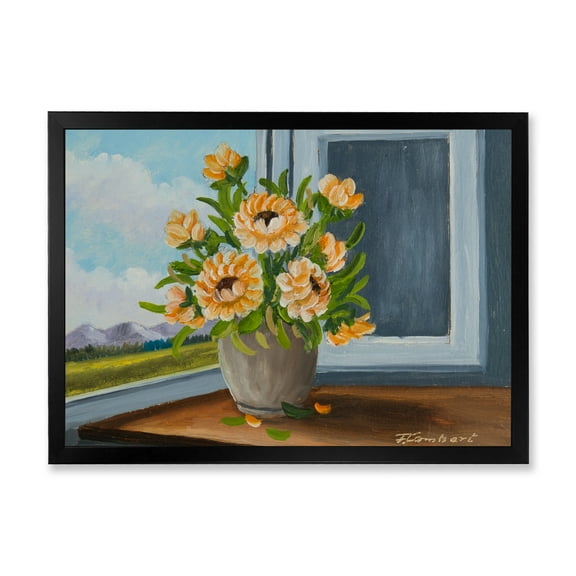 Designart 'Still Life With Orange Flowers In Vase At The Window' Traditional Framed Art Print