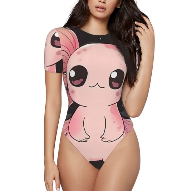 Fotbe Cute Axolotl Sakura Blossoms B Body de Mujer con Cuello Redondo y Mangas Cortas, Sin Mangas Ajustado, Suave, Cómodo y Básico-XX-Large