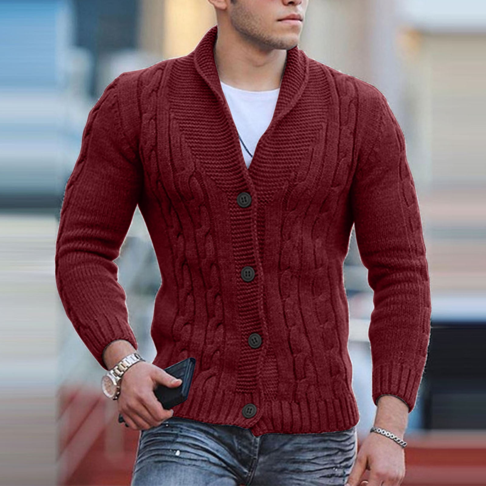 Red Mens Cable Knit Cardigan Sweater Shawl Collar Loose Fit Long Sleeve  Casual Cardigans 