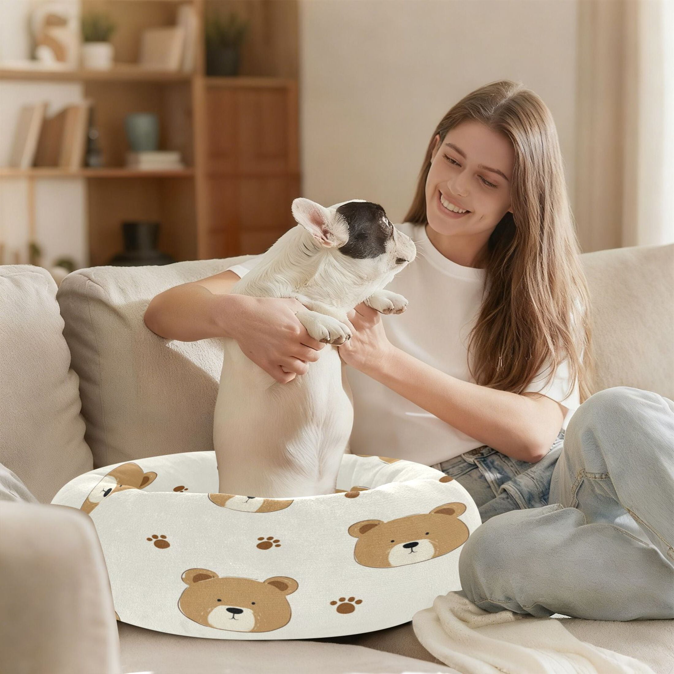 Iauyy Pet Couch Donut Cat Bed for Indoor Cats/Small Dogs Washable & Machine with Non-slip Bottom Calming Cat Furniture, Many Bear (S)