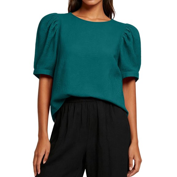 HongQid Women's Blouse Puff Short Sleeve Tops Crinkle Woven Round Neck Lightweight Shirt Loose Summer Casual Trendy Clothes