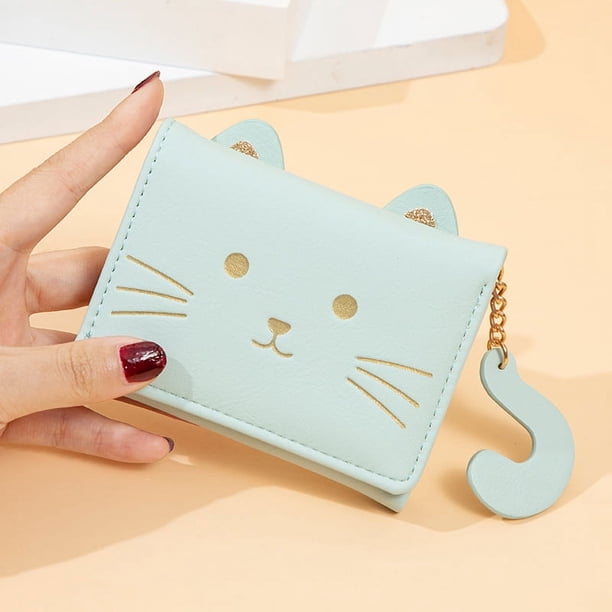 Cartera pequeña plegable para mujer, bonita cartera con diseño de gato fresco, monedero con dibujos animados para varias tarjetas, cartera para estudiantes