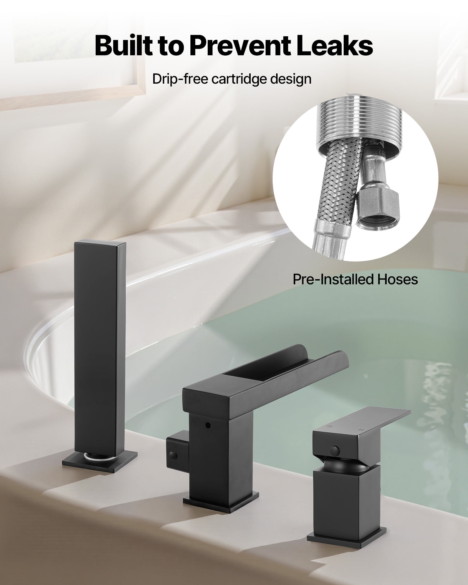 VEVOR Roman Tub Faucet, 3 Hole Waterfall Bathtub Faucet, Widespread Roman Tub Faucets with Shower Head & 1 Handle, Romans Bathtub Faucets for Pet Washing, Adult Bathing,Matte Black,Dual Water Flow