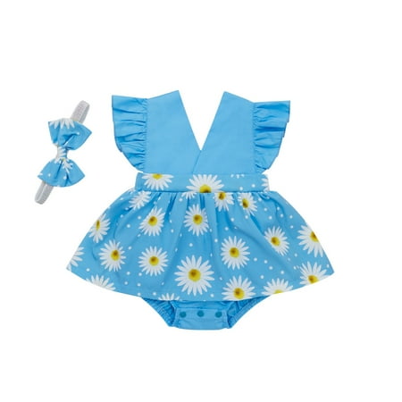 

Baby Girls Full Flower Print Ruffles Romper Bodysuit with Headband