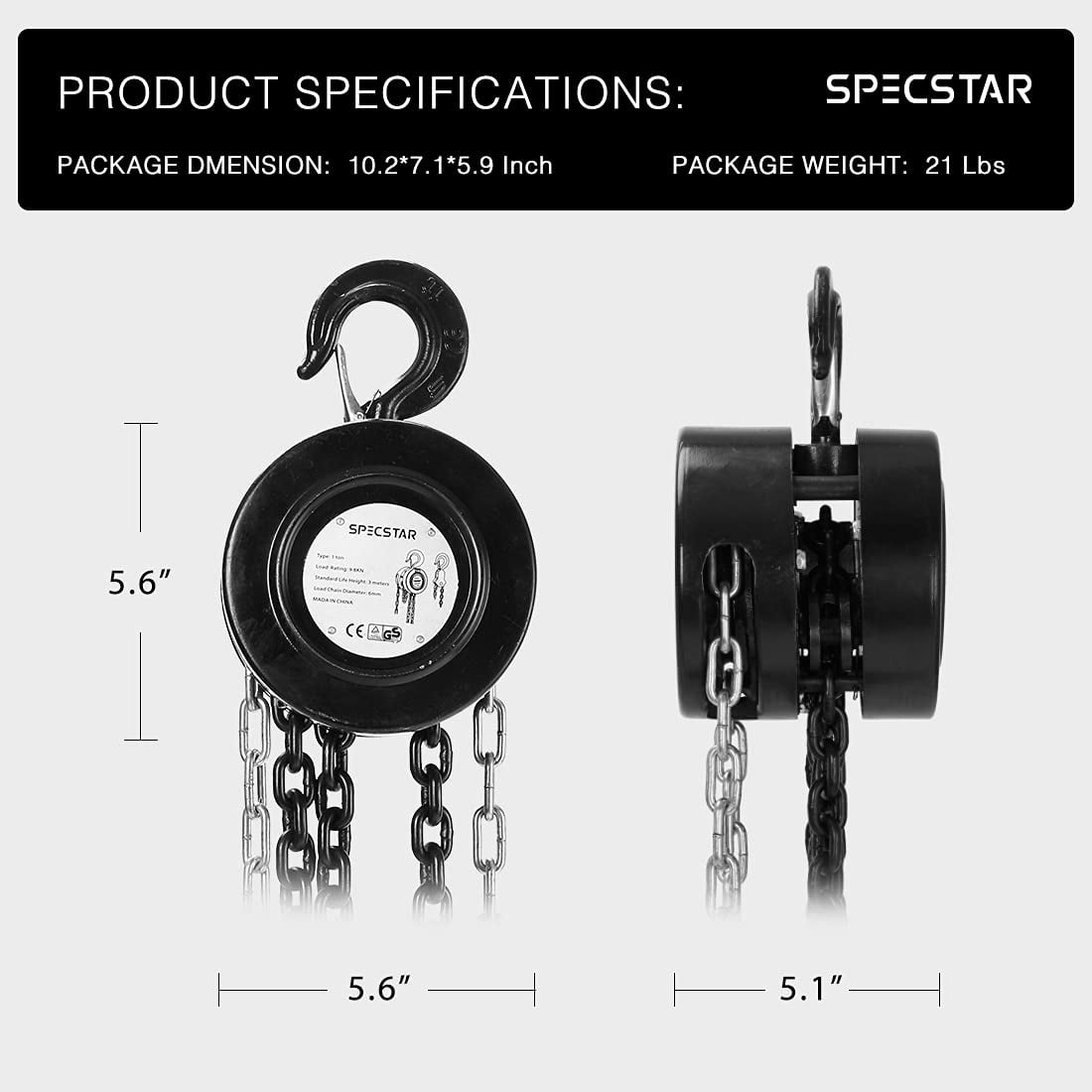 SPECSTAR 10ft W/2 Hooks 1 Ton Capacity Manual Chain Block Puller Hoist 2000 lbs 