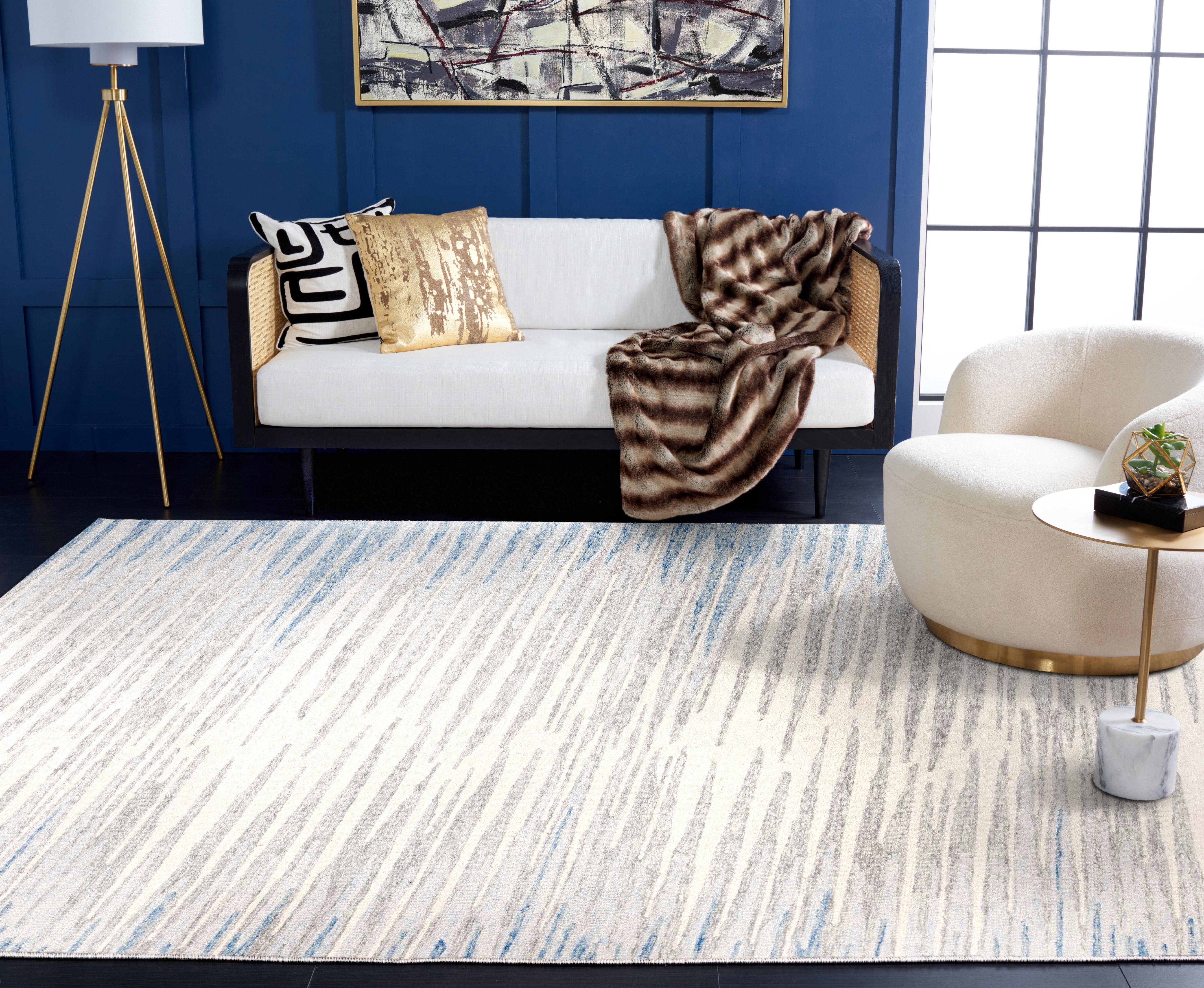 SAFAVIEH Abstract Greg Striped Wool Area Rug, Ivory/Light Blue, 4' x 6'