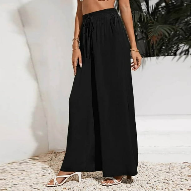 Womens High Waist Drawstring Wide Leg Pants Trousers Solid Casual