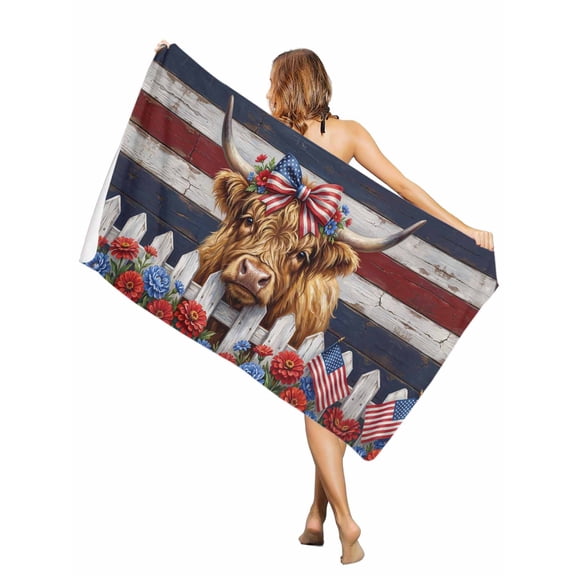 Beach Towel-Independence Day Highland Cattle Microfiber Absorbent Quick Dry Oversized Travel Towels,Red Blue Flower Farm Wood Sand Free Lightweight Large Towel for Pool Camping Swim,35x71in